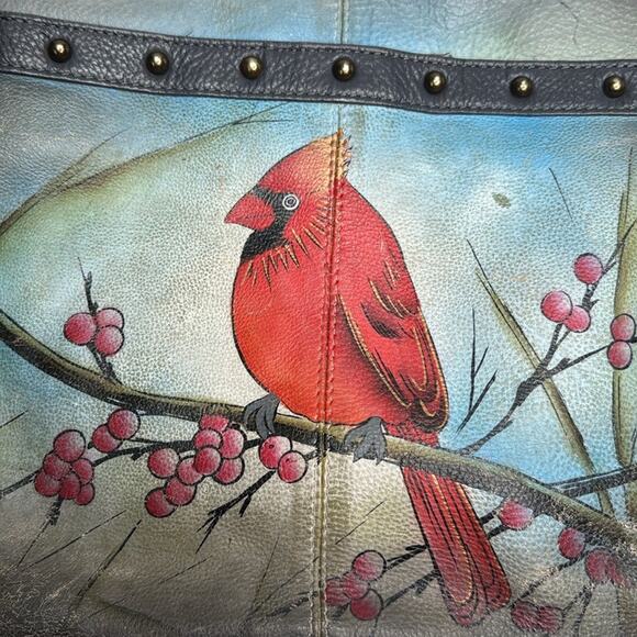 ANUSCHKA Medium Crossbody Cardinal Bird Double Zip Pocket Painted Signed Artwork - Picture 5 of 9